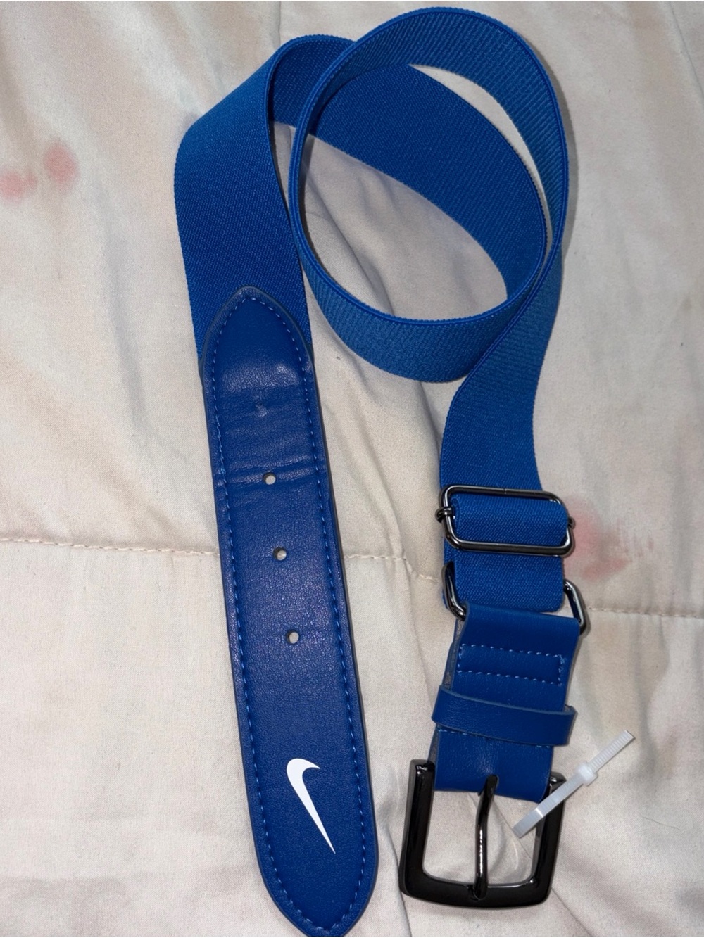 Blue Elastic Web Belt with White Swoosh Accent